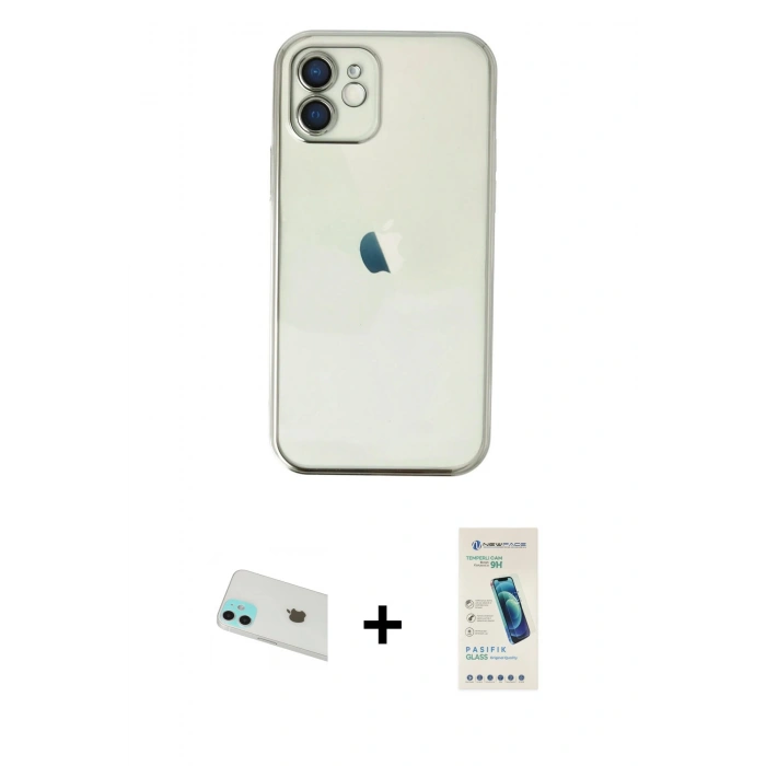 MARSİLYAN™- iPhone 12 Kılıf Vadi Minimal - Şeffaf Pasifik Cam Ekran Koruyucu + Rainbow Kamera Lens Koruma Cam - YL