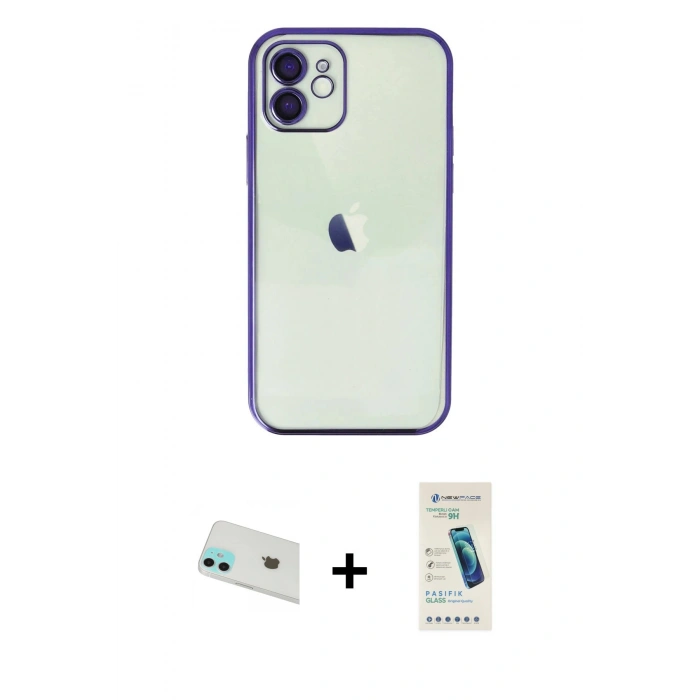 MARSİLYAN™- iPhone 12 Kılıf Vadi Minimal - Şeffaf Pasifik Cam Ekran Koruyucu + Rainbow Kamera Lens Koruma Cam - YL
