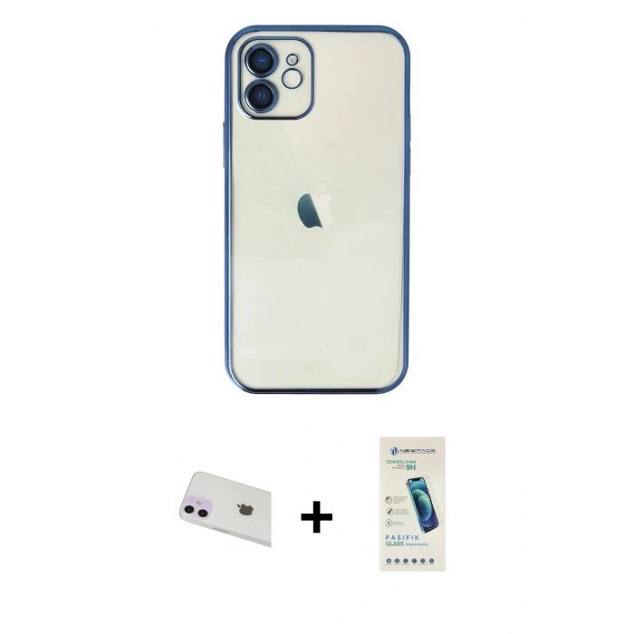MARSİLYAN™- iPhone 12 Kılıf Vadi Minimal - Şeffaf Pasifik Cam Ekran Koruyucu + Rainbow Kamera Lens Koruma Cam - MR