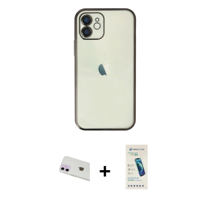 MARSİLYAN™- iPhone 12 Kılıf Vadi Minimal - Şeffaf Pasifik Cam Ekran Koruyucu + Rainbow Kamera Lens Koruma Cam - MR
