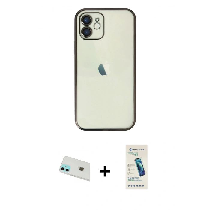MARSİLYAN™- iPhone 12 Kılıf Vadi Minimal - Şeffaf Pasifik Cam Ekran Koruyucu + Rainbow Kamera Lens Koruma Cam - YL