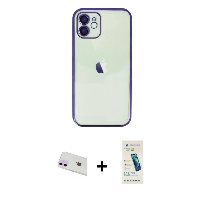MARSİLYAN™- iPhone 12 Kılıf Vadi Minimal - Şeffaf Pasifik Cam Ekran Koruyucu + Rainbow Kamera Lens Koruma Cam - MR
