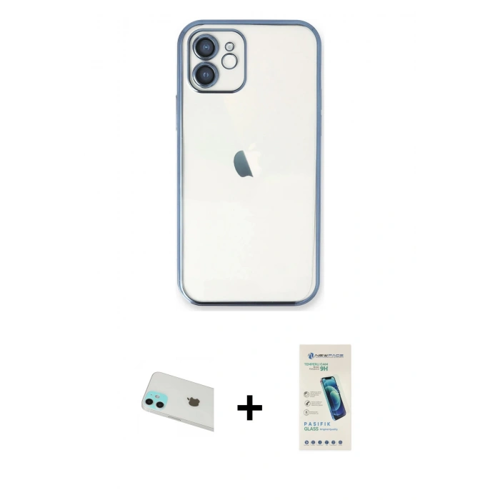 MARSİLYAN™- iPhone 12 Kılıf Vadi Minimal - Şeffaf Pasifik Cam Ekran Koruyucu + Rainbow Kamera Lens Koruma Cam - YL