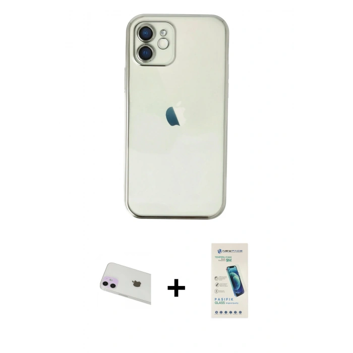 MARSİLYAN™- iPhone 12 Kılıf Vadi Minimal - Şeffaf Pasifik Cam Ekran Koruyucu + Rainbow Kamera Lens Koruma Cam - MR