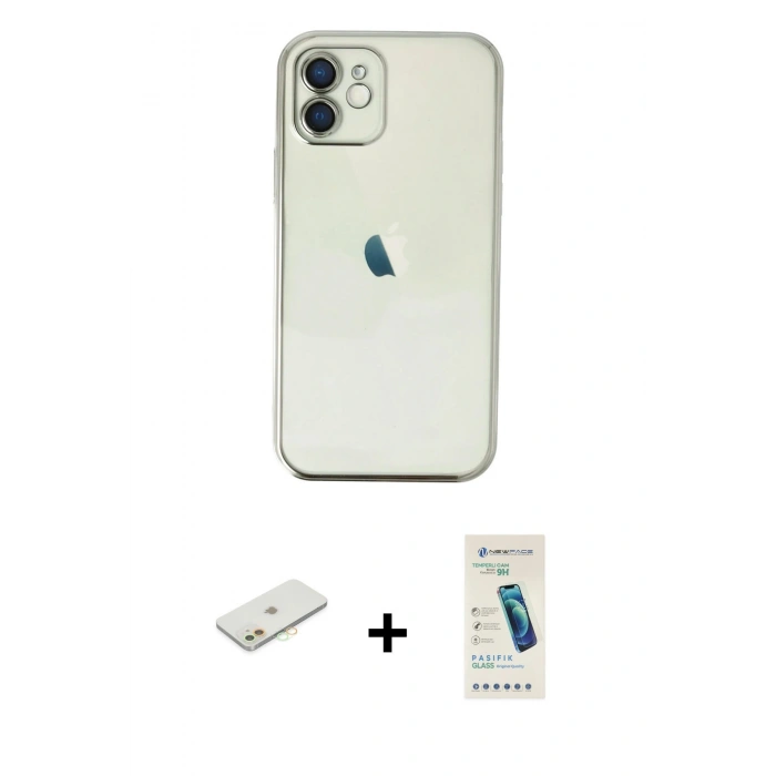 MARSİLYAN™- iPhone 12 Kılıf Vadi Minimal - Şeffaf Pasifik Cam Ekran Koruyucu + Renkli Kamera Lens Koruma Cam - TU