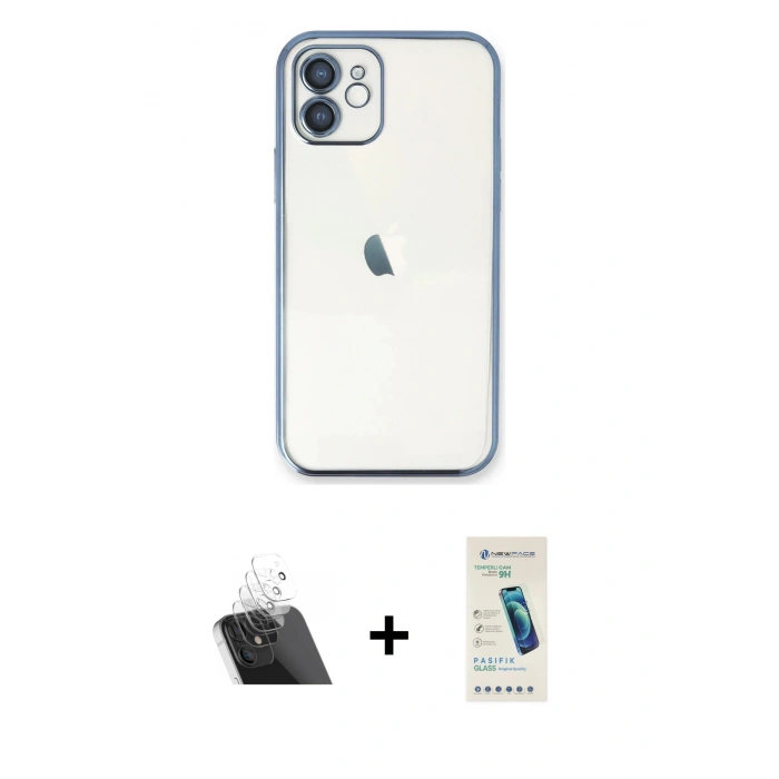 MARSİLYAN™- iPhone 12 Kılıf Vadi Minimal - Şeffaf Pasifik Cam Ekran Koruyucu + Kamera Lens Koruma Cam - SF