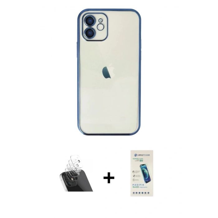 MARSİLYAN™- iPhone 12 Kılıf Vadi Minimal - Şeffaf Pasifik Cam Ekran Koruyucu + Kamera Lens Koruma Cam - SF