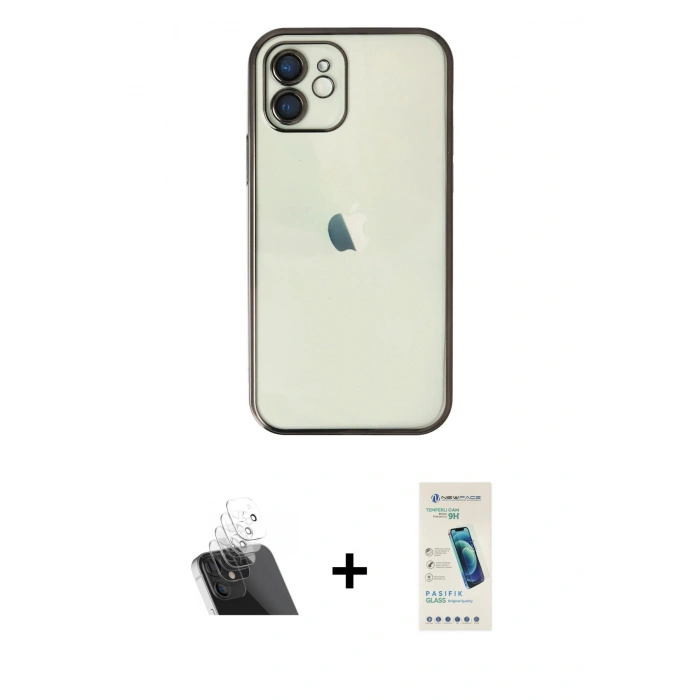 MARSİLYAN™- iPhone 12 Kılıf Vadi Minimal - Şeffaf Pasifik Cam Ekran Koruyucu + Kamera Lens Koruma Cam - SF