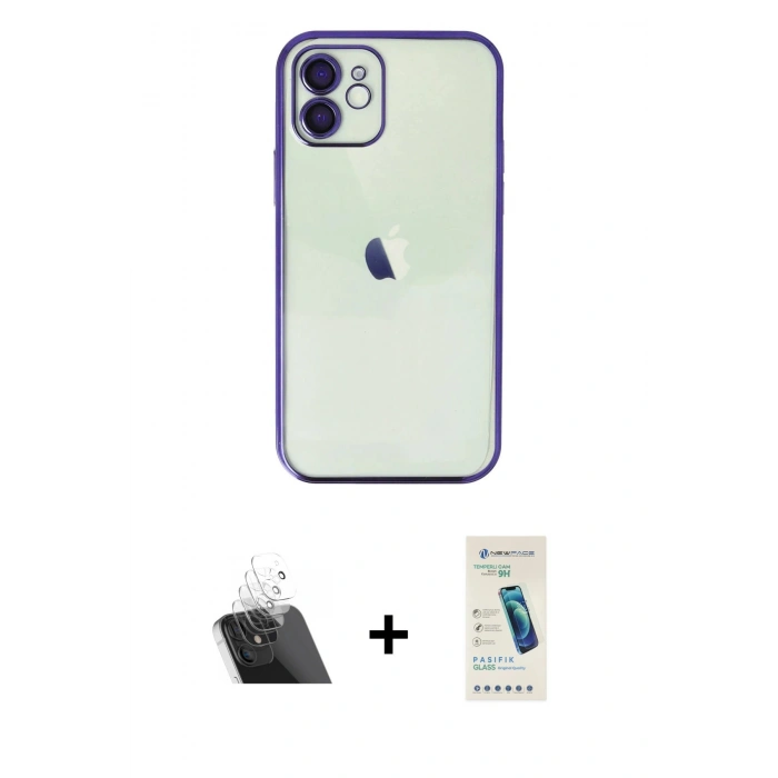 MARSİLYAN™- iPhone 12 Kılıf Vadi Minimal - Şeffaf Pasifik Cam Ekran Koruyucu + Kamera Lens Koruma Cam - SF