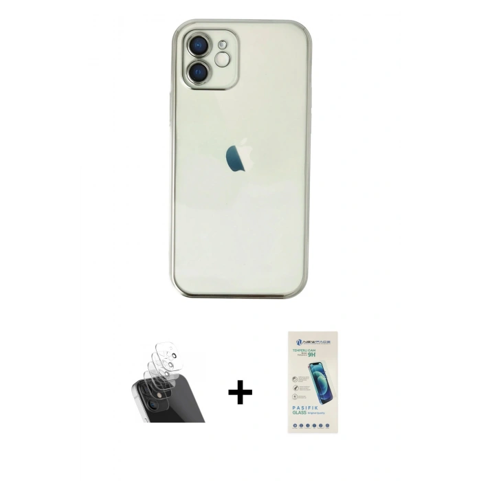 MARSİLYAN™- iPhone 12 Kılıf Vadi Minimal - Şeffaf Pasifik Cam Ekran Koruyucu + Kamera Lens Koruma Cam - SF