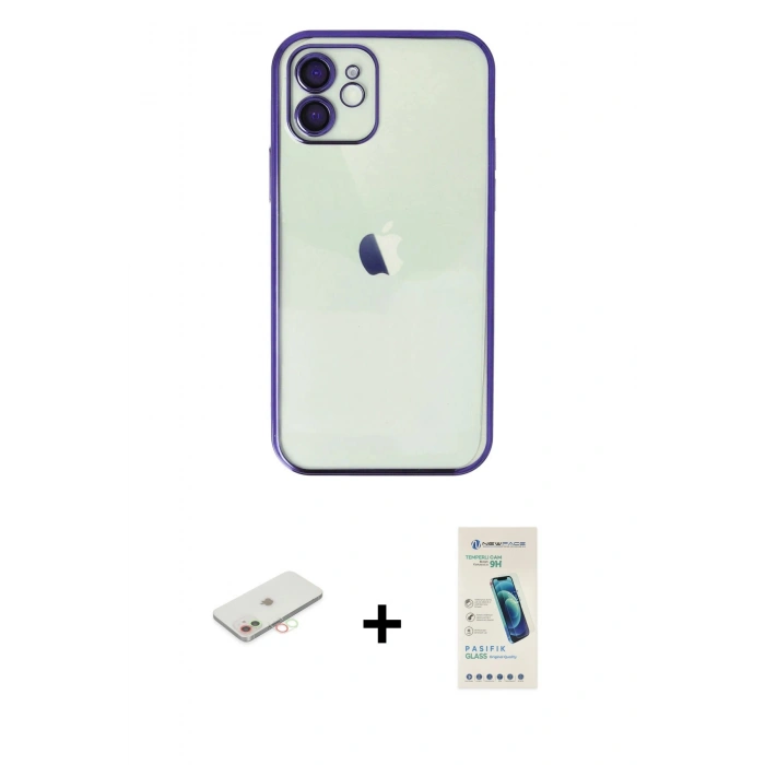 MARSİLYAN™- iPhone 12 Kılıf Vadi Minimal - Şeffaf Pasifik Cam Ekran Koruyucu + Renkli Kamera Lens Koruma Cam - YL