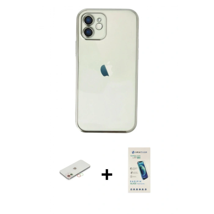 MARSİLYAN™- iPhone 12 Kılıf Vadi Minimal - Şeffaf Pasifik Cam Ekran Koruyucu + Renkli Kamera Lens Koruma Cam - YL