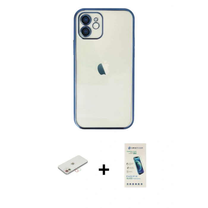 MARSİLYAN™- iPhone 12 Kılıf Vadi Minimal - Şeffaf Pasifik Cam Ekran Koruyucu + Renkli Kamera Lens Koruma Cam - YL