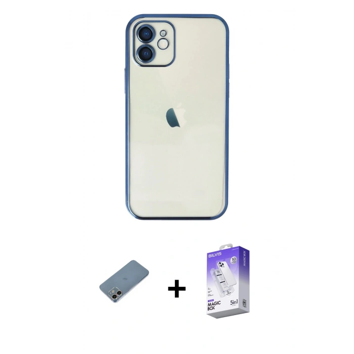 MARSİLYAN™- iPhone 12 Kılıf Vadi Minimal - Siyah Bilvis 5in1 3D Magic Cam Ekran Koruyucu + Shine Kamera Lens Koruma Cam - GI