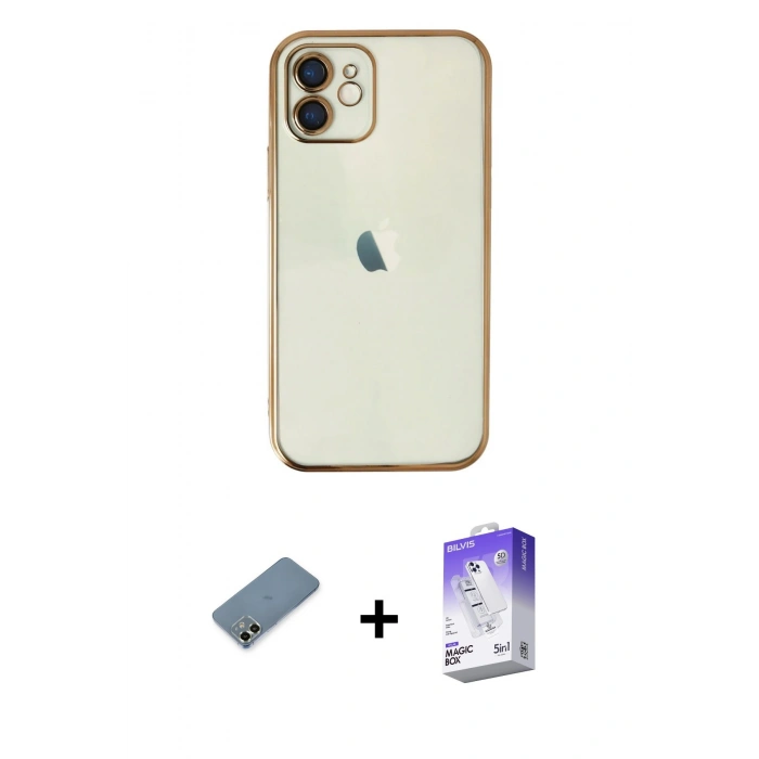 MARSİLYAN™- iPhone 12 Kılıf Vadi Minimal - Siyah Bilvis 5in1 3D Magic Cam Ekran Koruyucu + Metal Kamera Lens Koruma Cam - AKYL