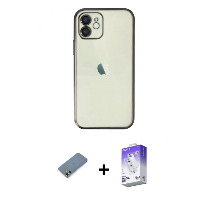 MARSİLYAN™- iPhone 12 Kılıf Vadi Minimal - Siyah Bilvis 5in1 3D Magic Cam Ekran Koruyucu + Metal Kamera Lens Koruma Cam - AKYL