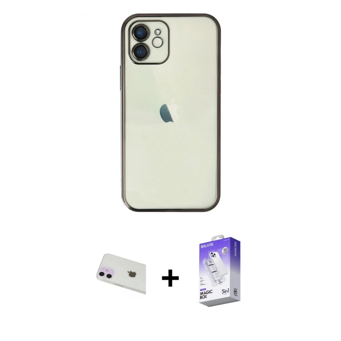 MARSİLYAN™- iPhone 12 Kılıf Vadi Minimal - Siyah Bilvis 5in1 3D Magic Cam Ekran Koruyucu + Rainbow Kamera Lens Koruma Cam - MR
