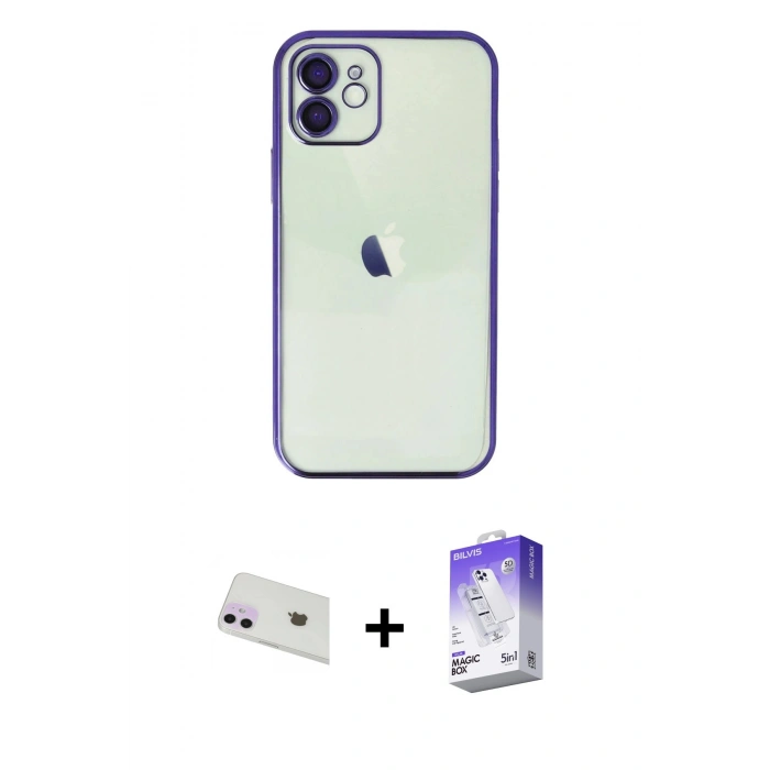 MARSİLYAN™- iPhone 12 Kılıf Vadi Minimal - Siyah Bilvis 5in1 3D Magic Cam Ekran Koruyucu + Rainbow Kamera Lens Koruma Cam - MR