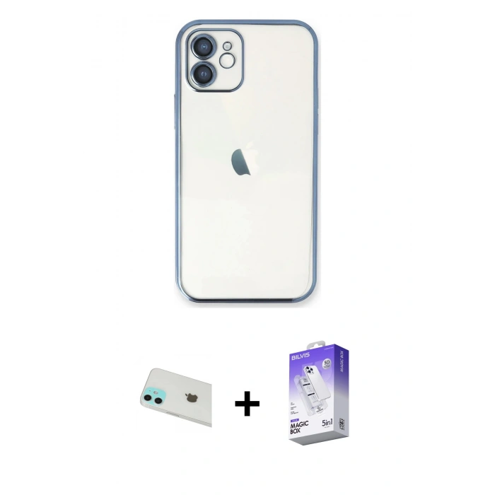 MARSİLYAN™- iPhone 12 Kılıf Vadi Minimal - Siyah Bilvis 5in1 3D Magic Cam Ekran Koruyucu + Rainbow Kamera Lens Koruma Cam - YL