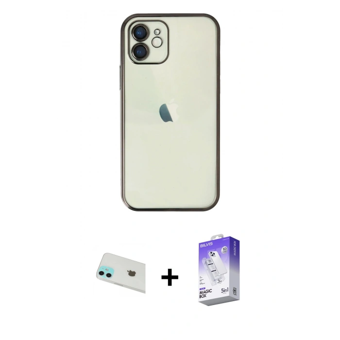 MARSİLYAN™- iPhone 12 Kılıf Vadi Minimal - Siyah Bilvis 5in1 3D Magic Cam Ekran Koruyucu + Rainbow Kamera Lens Koruma Cam - YL