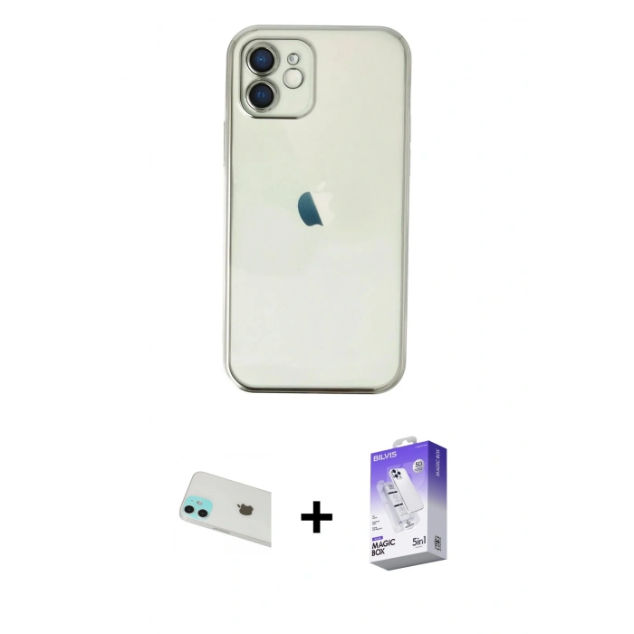 MARSİLYAN™- iPhone 12 Kılıf Vadi Minimal - Siyah Bilvis 5in1 3D Magic Cam Ekran Koruyucu + Rainbow Kamera Lens Koruma Cam - YL