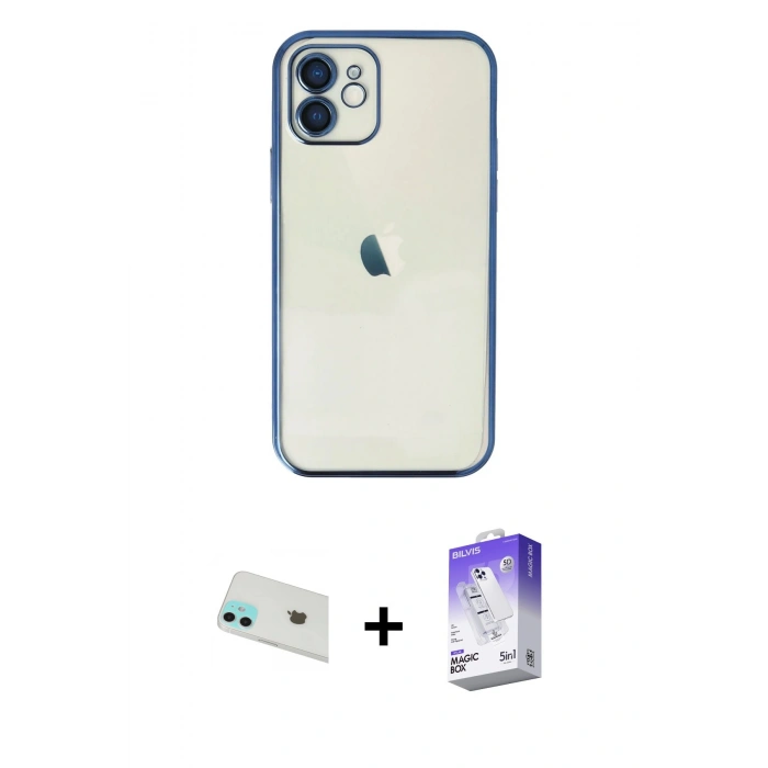 MARSİLYAN™- iPhone 12 Kılıf Vadi Minimal - Siyah Bilvis 5in1 3D Magic Cam Ekran Koruyucu + Rainbow Kamera Lens Koruma Cam - YL