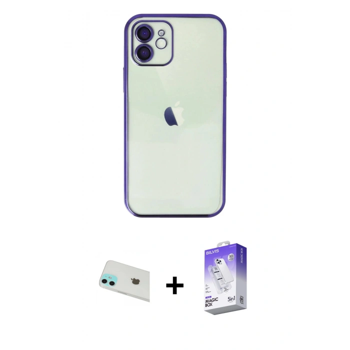 MARSİLYAN™- iPhone 12 Kılıf Vadi Minimal - Siyah Bilvis 5in1 3D Magic Cam Ekran Koruyucu + Rainbow Kamera Lens Koruma Cam - YL