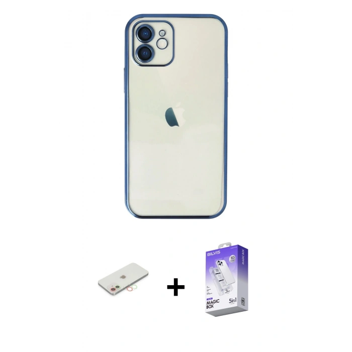 MARSİLYAN™- iPhone 12 Kılıf Vadi Minimal - Siyah Bilvis 5in1 3D Magic Cam Ekran Koruyucu + Renkli Kamera Lens Koruma Cam - YL