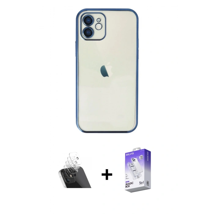 MARSİLYAN™- iPhone 12 Kılıf Vadi Minimal - Siyah Bilvis 5in1 3D Magic Cam Ekran Koruyucu + Kamera Lens Koruma Cam - SF