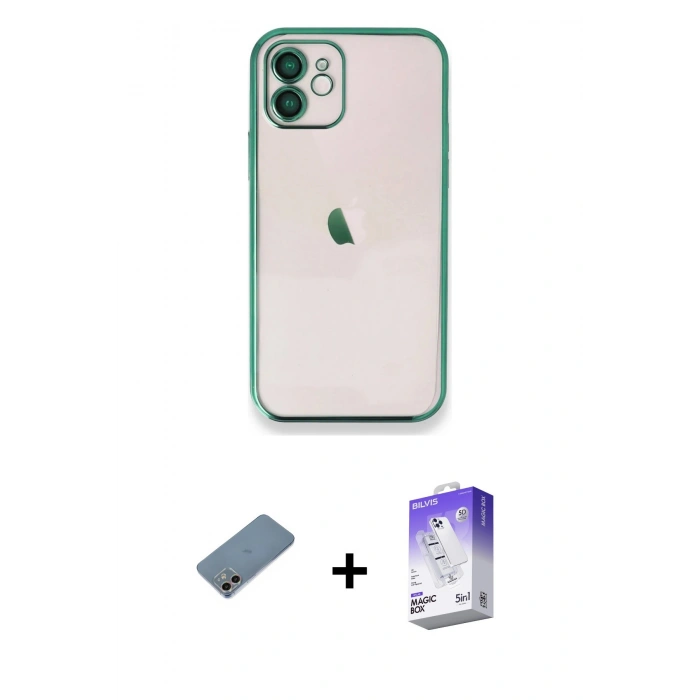 MARSİLYAN™- iPhone 12 Kılıf Vadi Minimal - Siyah Bilvis 5in1 3D Magic Cam Ekran Koruyucu + Shine Kamera Lens Koruma Cam - GI