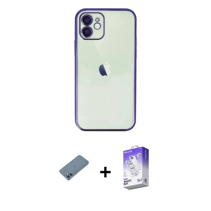 MARSİLYAN™- iPhone 12 Kılıf Vadi Minimal - Siyah Bilvis 5in1 3D Magic Cam Ekran Koruyucu + Shine Kamera Lens Koruma Cam - MI