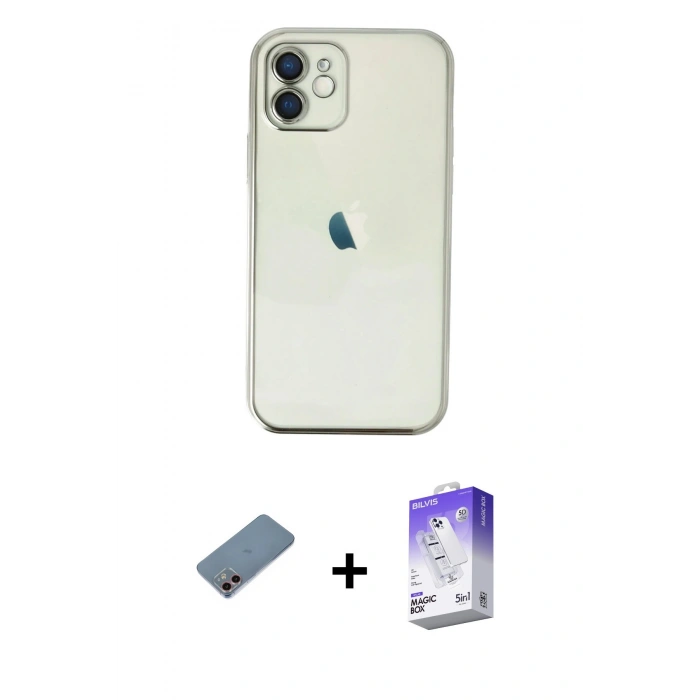 MARSİLYAN™- iPhone 12 Kılıf Vadi Minimal - Siyah Bilvis 5in1 3D Magic Cam Ekran Koruyucu + Shine Kamera Lens Koruma Cam - PE