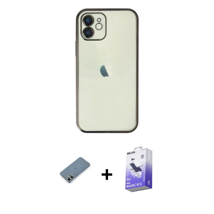 MARSİLYAN™- iPhone 12 Kılıf Vadi Minimal - Siyah Bilvis 5in1 5D Magic Hayalet Cam Ekran Koruyucu + Metal Kamera Lens Koruma Cam - AKYL