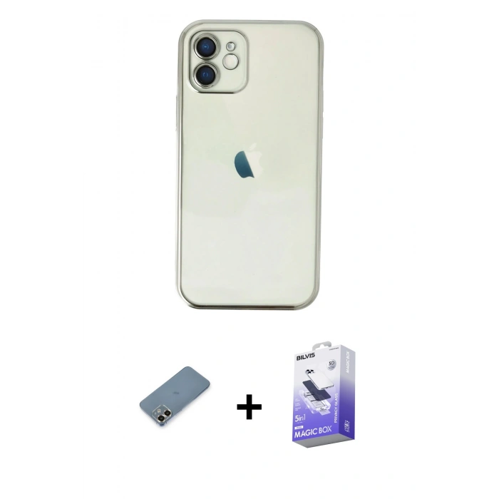 MARSİLYAN™- iPhone 12 Kılıf Vadi Minimal - Siyah Bilvis 5in1 5D Magic Hayalet Cam Ekran Koruyucu + Metal Kamera Lens Koruma Cam - GD