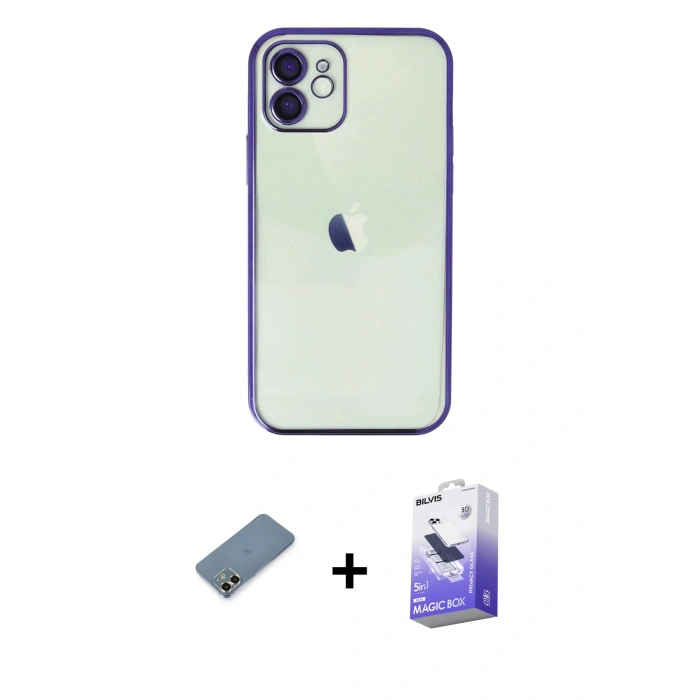 MARSİLYAN™- iPhone 12 Kılıf Vadi Minimal - Siyah Bilvis 5in1 5D Magic Hayalet Cam Ekran Koruyucu + Metal Kamera Lens Koruma Cam - GD
