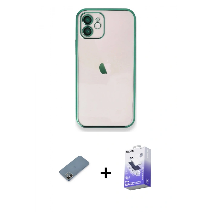 MARSİLYAN™- iPhone 12 Kılıf Vadi Minimal - Siyah Bilvis 5in1 5D Magic Hayalet Cam Ekran Koruyucu + Metal Kamera Lens Koruma Cam - GD