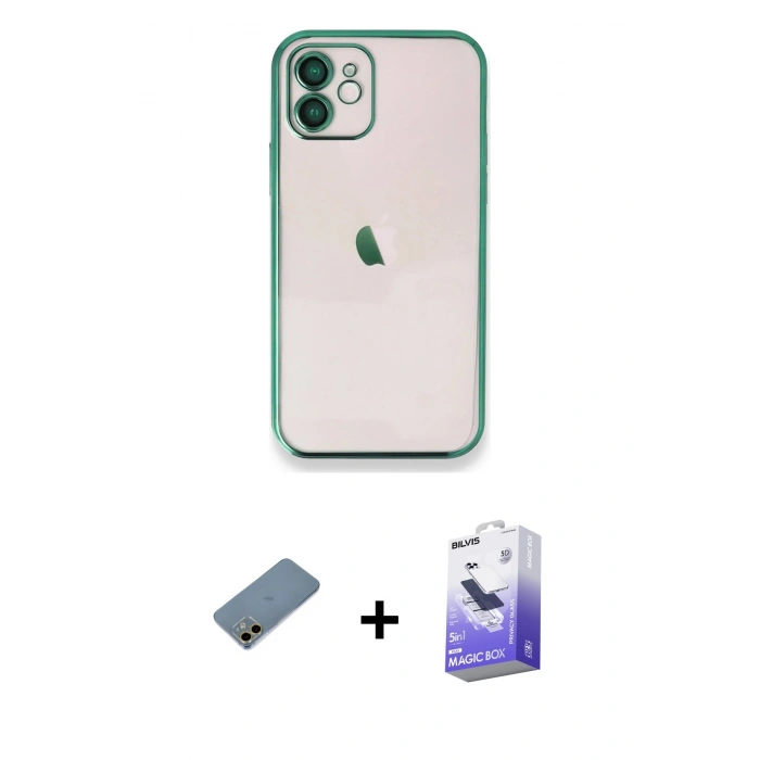 MARSİLYAN™- iPhone 12 Kılıf Vadi Minimal - Siyah Bilvis 5in1 5D Magic Hayalet Cam Ekran Koruyucu + Shine Kamera Lens Koruma Cam - GD
