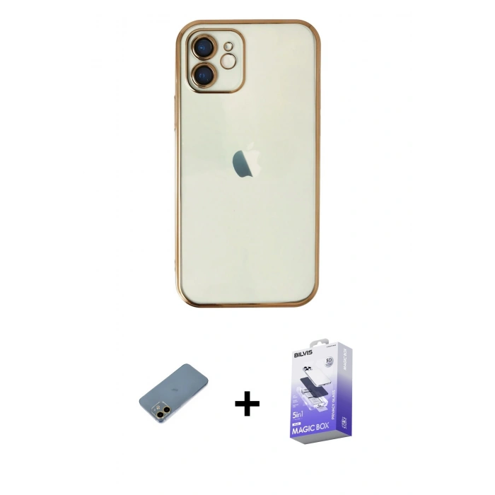 MARSİLYAN™- iPhone 12 Kılıf Vadi Minimal - Siyah Bilvis 5in1 5D Magic Hayalet Cam Ekran Koruyucu + Shine Kamera Lens Koruma Cam - GD