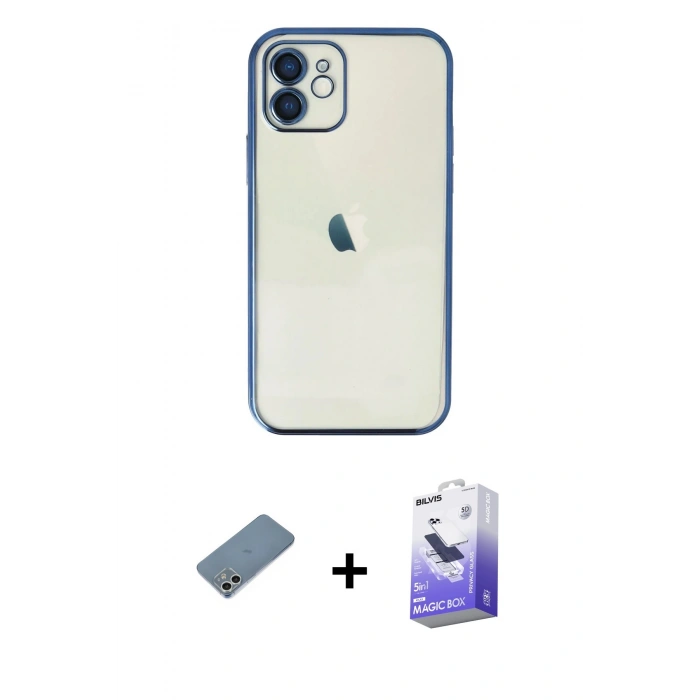 MARSİLYAN™- iPhone 12 Kılıf Vadi Minimal - Siyah Bilvis 5in1 5D Magic Hayalet Cam Ekran Koruyucu + Shine Kamera Lens Koruma Cam - GS