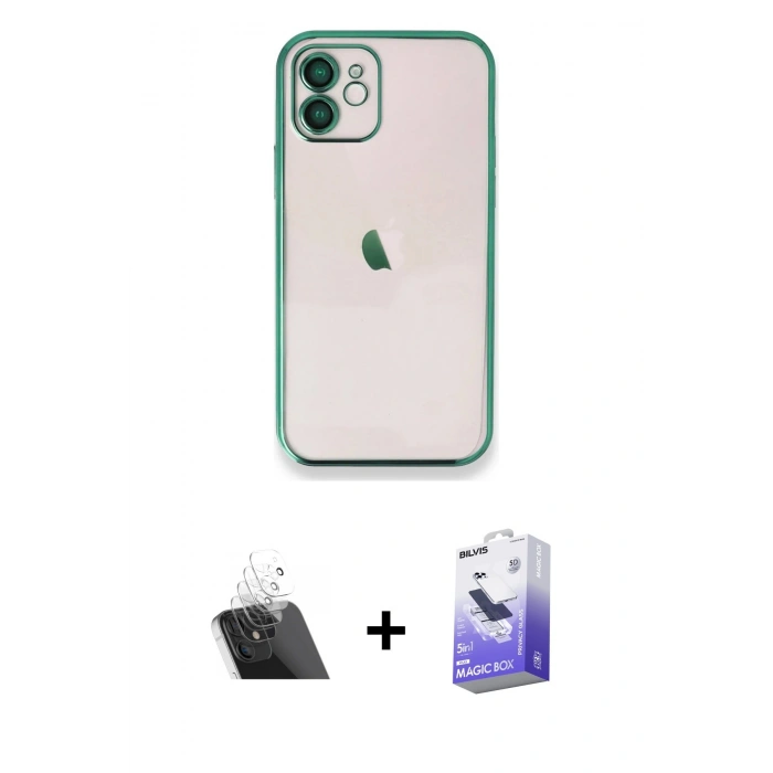 MARSİLYAN™- iPhone 12 Kılıf Vadi Minimal - Siyah Bilvis 5in1 5D Magic Hayalet Cam Ekran Koruyucu + Kamera Lens Koruma Cam - SF