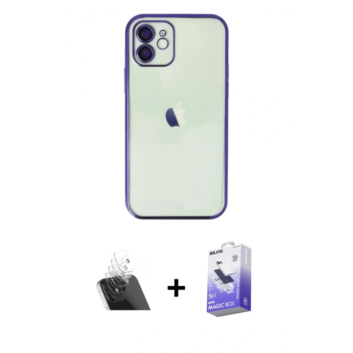 MARSİLYAN™- iPhone 12 Kılıf Vadi Minimal - Siyah Bilvis 5in1 5D Magic Hayalet Cam Ekran Koruyucu + Kamera Lens Koruma Cam - SF