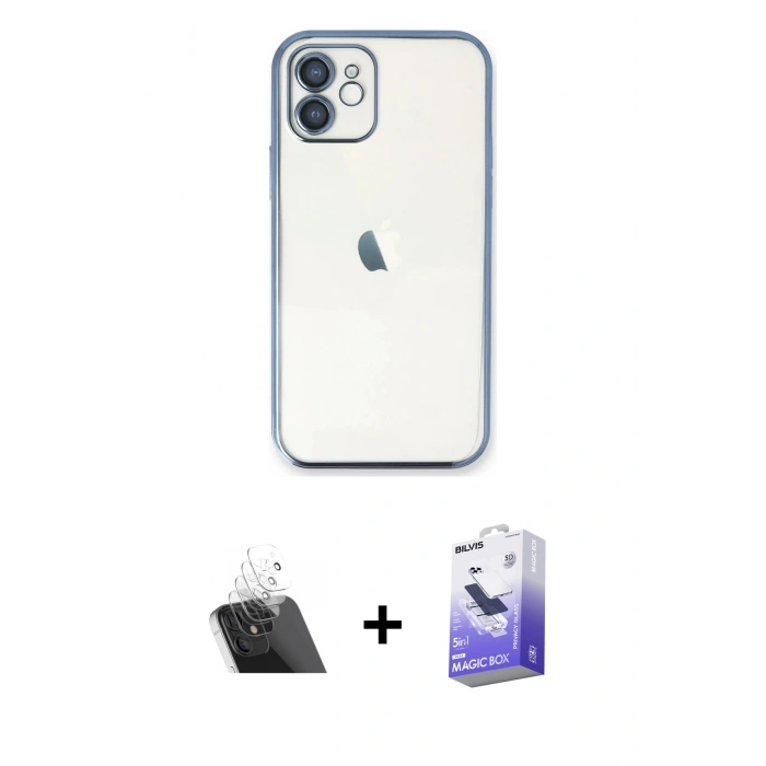 MARSİLYAN™- iPhone 12 Kılıf Vadi Minimal - Siyah Bilvis 5in1 5D Magic Hayalet Cam Ekran Koruyucu + Kamera Lens Koruma Cam - SF