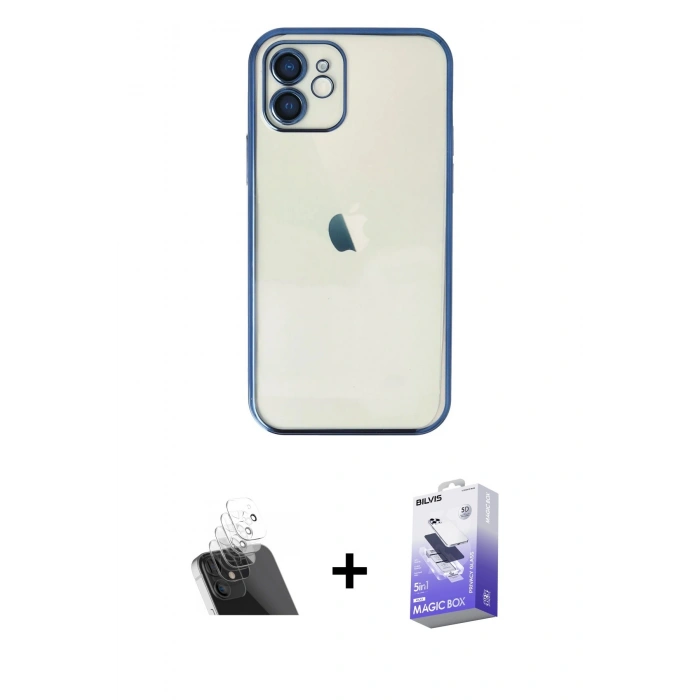 MARSİLYAN™- iPhone 12 Kılıf Vadi Minimal - Siyah Bilvis 5in1 5D Magic Hayalet Cam Ekran Koruyucu + Kamera Lens Koruma Cam - SF