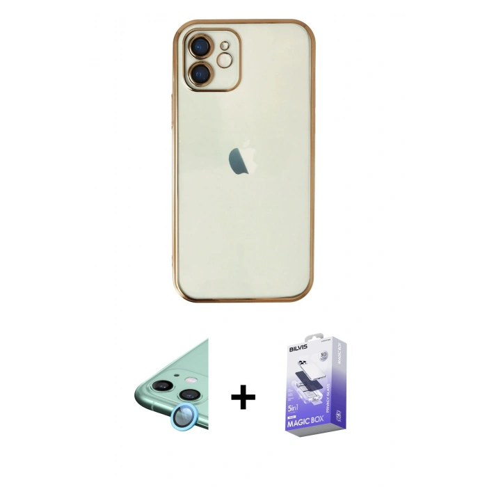 MARSİLYAN™- iPhone 12 Kılıf Vadi Minimal - Siyah Bilvis 5in1 5D Magic Hayalet Cam Ekran Koruyucu + Raze Metal Kamera Lens - MI