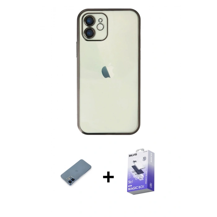 MARSİLYAN™- iPhone 12 Kılıf Vadi Minimal - Siyah Bilvis 5in1 5D Magic Hayalet Cam Ekran Koruyucu + Metal Kamera Lens Koruma Cam - MI