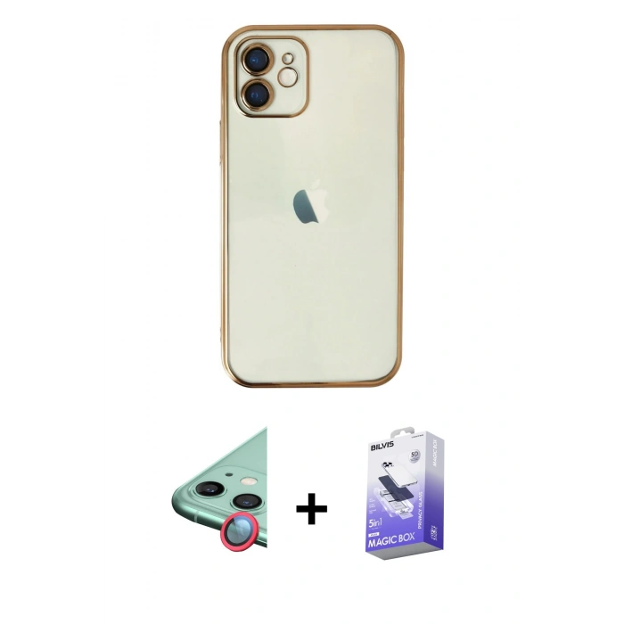 MARSİLYAN™- iPhone 12 Kılıf Vadi Minimal - Siyah Bilvis 5in1 5D Magic Hayalet Cam Ekran Koruyucu + Raze Metal Kamera Lens - KI