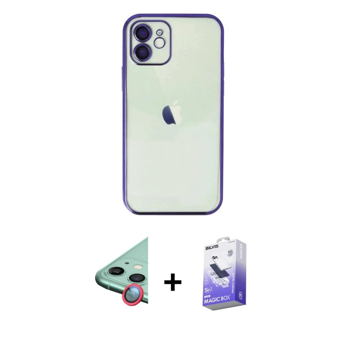 MARSİLYAN™- iPhone 12 Kılıf Vadi Minimal - Siyah Bilvis 5in1 5D Magic Hayalet Cam Ekran Koruyucu + Raze Metal Kamera Lens - KI