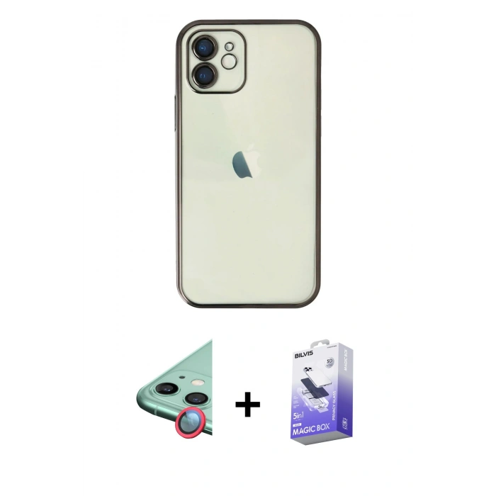 MARSİLYAN™- iPhone 12 Kılıf Vadi Minimal - Siyah Bilvis 5in1 5D Magic Hayalet Cam Ekran Koruyucu + Raze Metal Kamera Lens - KI
