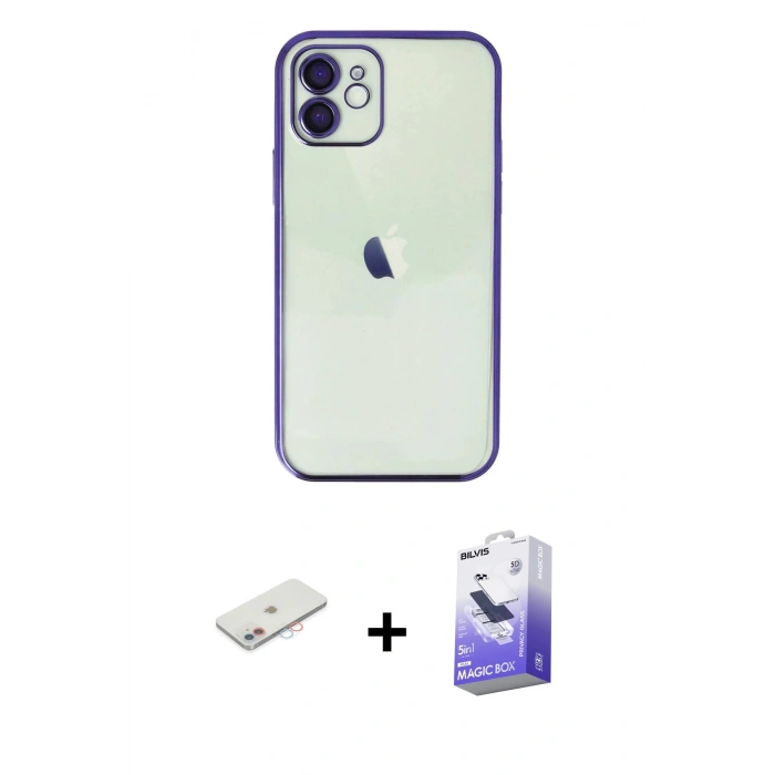 MARSİLYAN™- iPhone 12 Kılıf Vadi Minimal - Siyah Bilvis 5in1 5D Magic Hayalet Cam Ekran Koruyucu + Renkli Kamera Lens Koruma Cam - PE