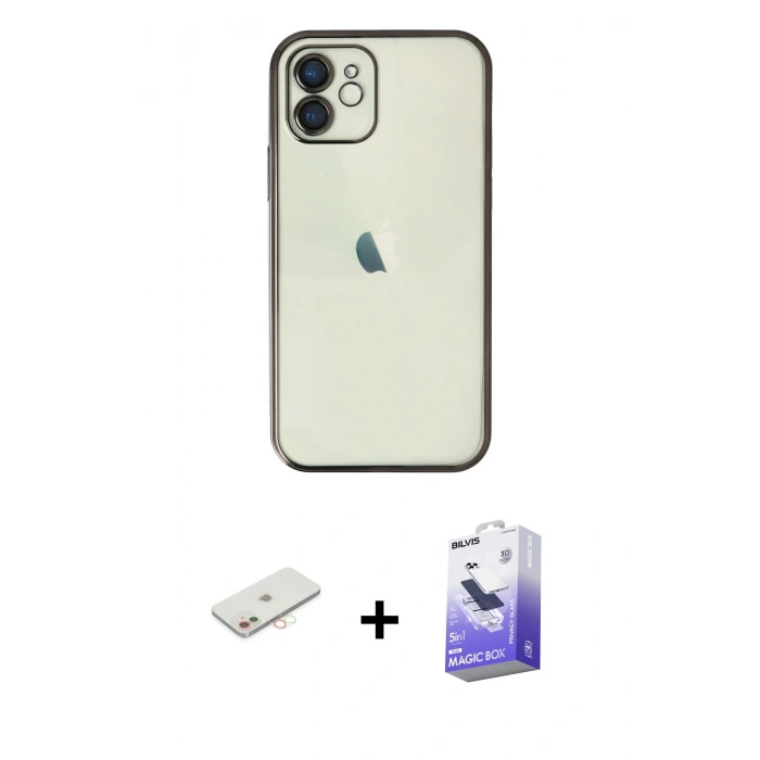 MARSİLYAN™- iPhone 12 Kılıf Vadi Minimal - Siyah Bilvis 5in1 5D Magic Hayalet Cam Ekran Koruyucu + Renkli Kamera Lens Koruma Cam - YL
